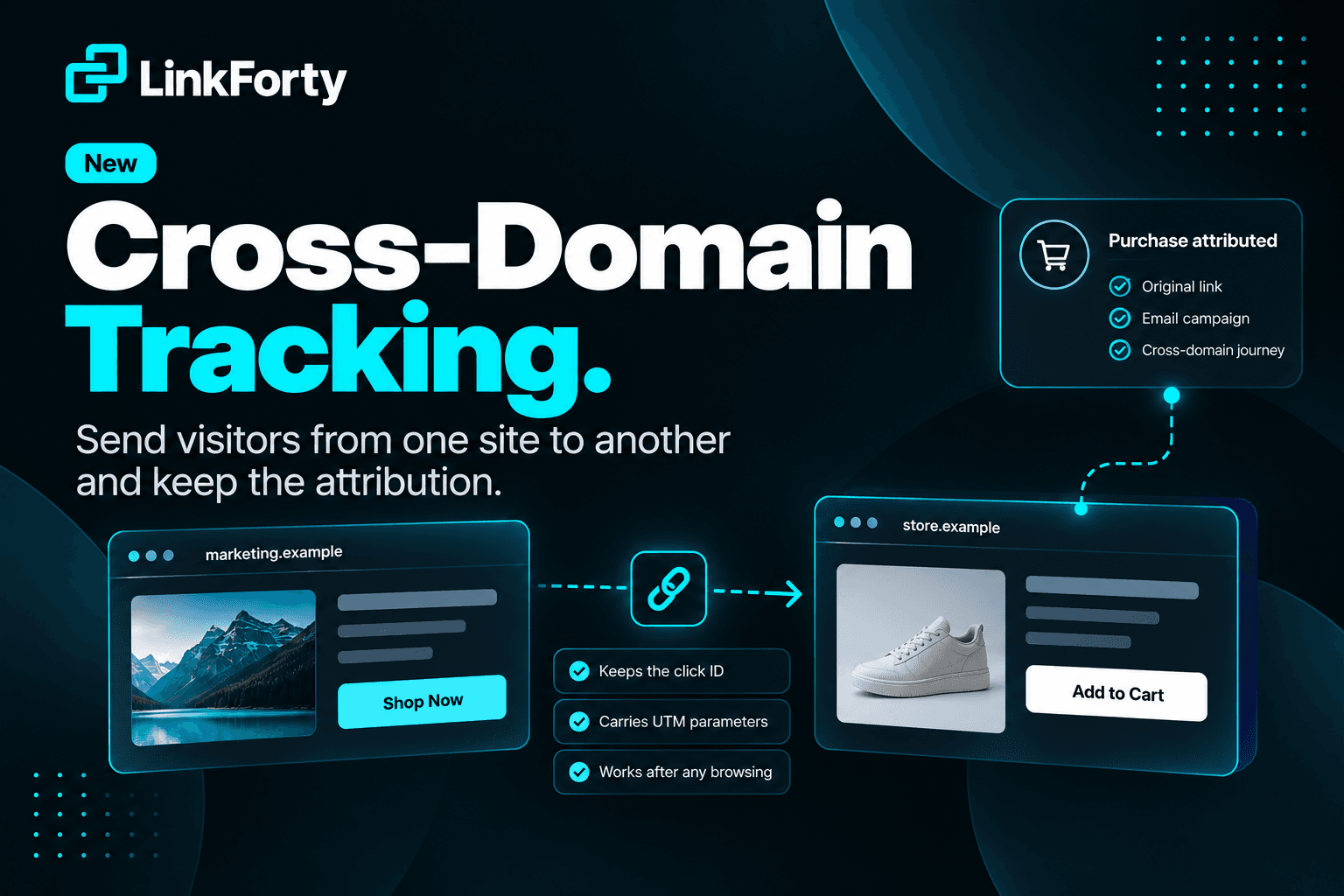 A visitor's journey from an email to a marketing site and on to a store on another domain, with the LinkForty click id carried across the domain boundary