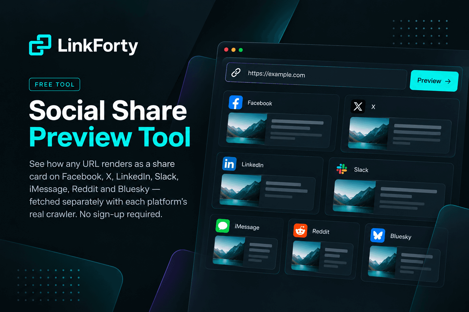 The LinkForty Social Share Preview Tool showing one URL rendered as a share card on Facebook, X, LinkedIn, Slack, iMessage, Reddit and Bluesky